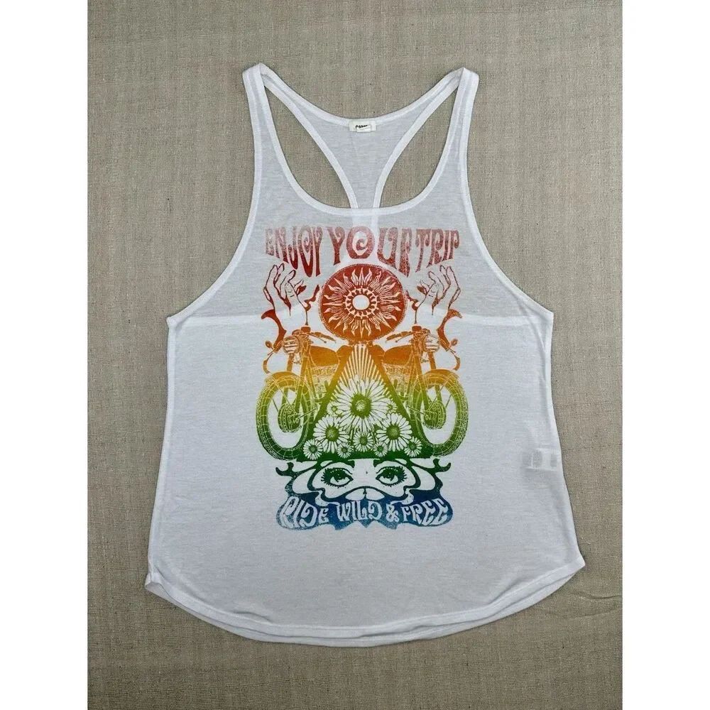 Vintage Y2K Garage Graphic Tank Top Women Size Small White Racerback Boho Hippie